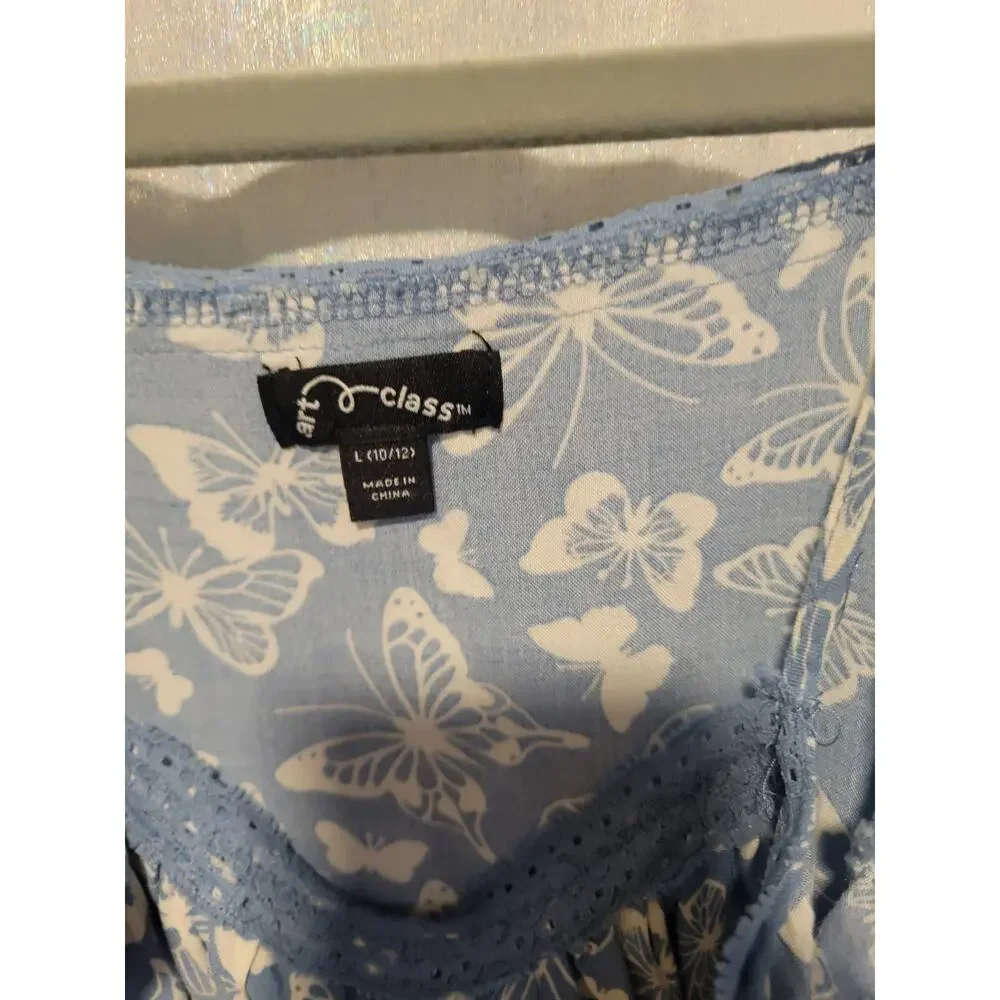 Art Class Girls Large 10/12 Lace Trim‎ Blue White Butterfly Dress M Summer Beach